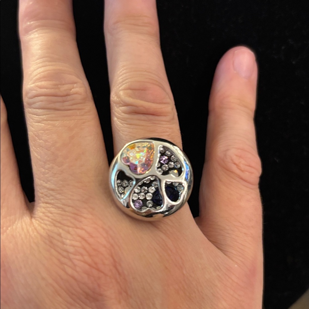 Size 10 Faux Silver and Black Statement Ring with Gem Accents